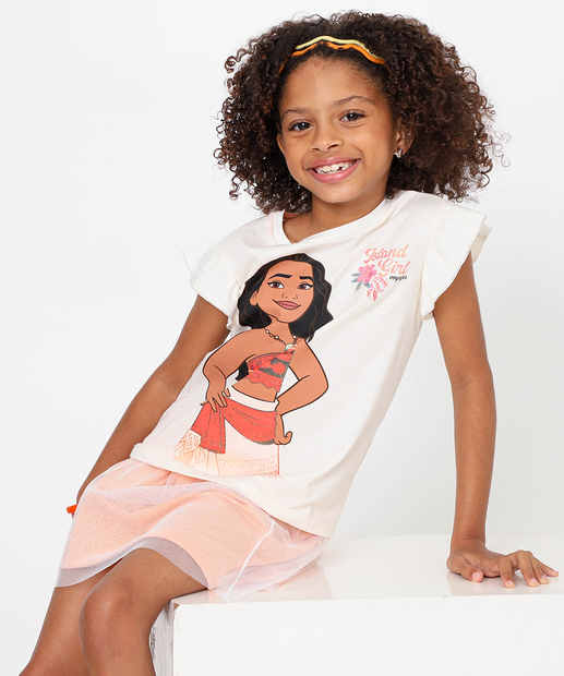 Conjunto Infantil Estampa Moana Disney Tam 4 a 10 Off White