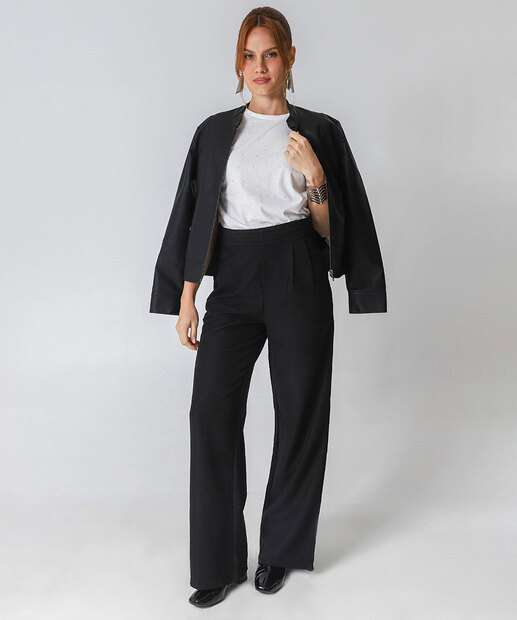 Image_Calça Feminina Reta Alfaiataria Pregas Marisa Preta