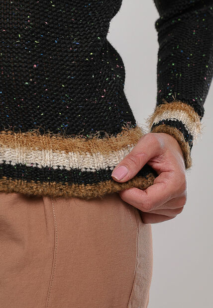 Blusa de Tricot com Fio Boton? Gola Listra Preto Salvatore