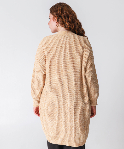 Cardigan Plus Size Feminino Chenille Brilho Lurex Marisa Bege