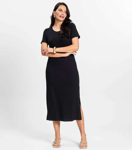 Vestido Midi Ribana Canelada Básico Rovitex Preto