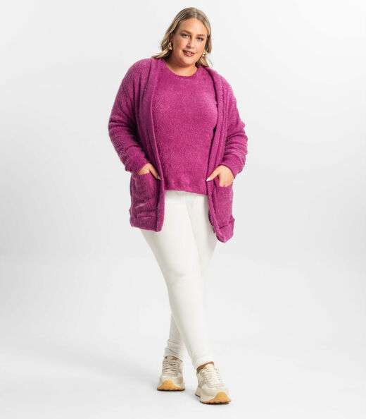 Cardigan Feminino Plus Size Em Tricot Secret Glam Roxo