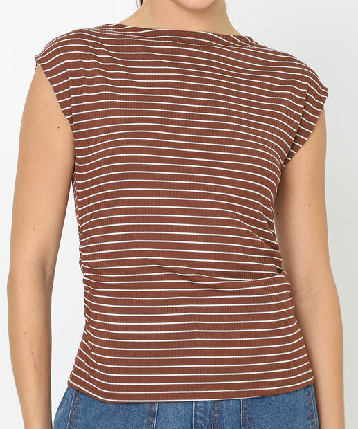 Blusa Feminina Muscle Listrada Franzido Marisa Marrom
