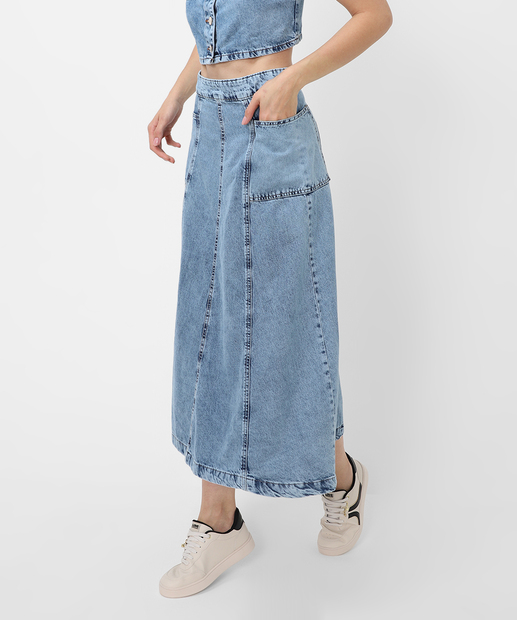 Saia Midi Jeans Evasê Feminina Bolsos Marisa Azul