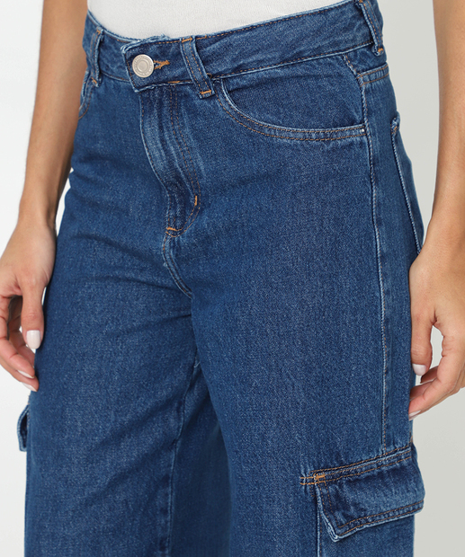 Calça Feminina Jeans Cargo Wide Leg Marisa Azul
