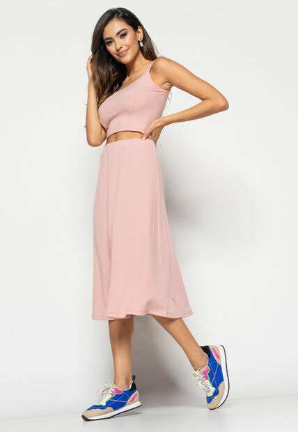 Cropped  Alça Fina Canelado Rosa Claro Salvatore Fashion