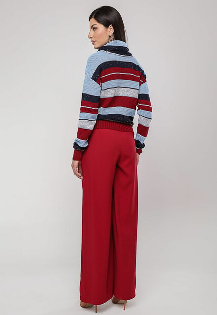 Blusa de Tricot Boton? Listrada com Gola Ampla Vermelho e Azul Salvatore