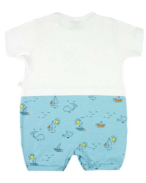 Macacão Bebê Menino Verão Suedine Estampado Manga Curta Barquinhos - Azul
