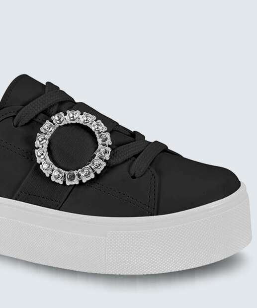 Tênis Casual Feminino Flatform Fivela Strass Moleca