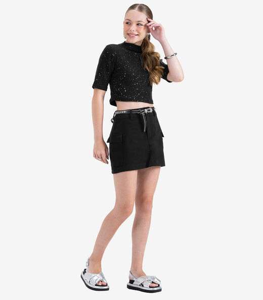 Blusa Juvenil Feminina Manga Curta em Ribana Minty Preto