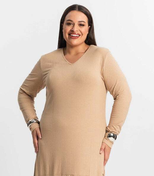 Vestido Midi Plus Size Manga Longa Secret Glam Marrom