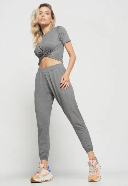 Cropped  Manga Curta Com Detalhe Nó Malha Grafite Salvatore Fashion