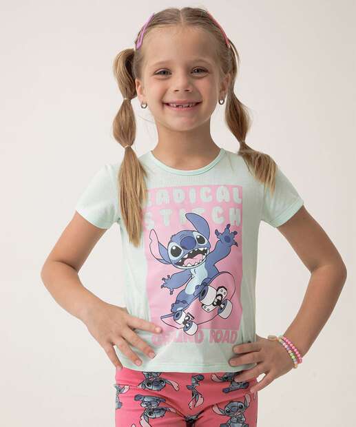 Camiseta Infantil Estampa Stitch Skate Tam 4 a 10 Verde