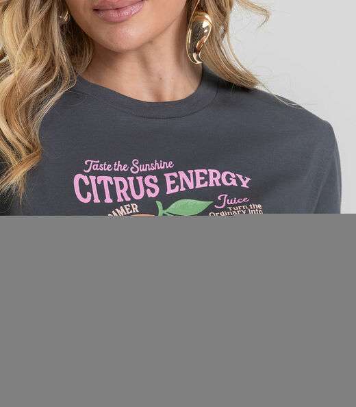 T-Shirt Feminina com Estampa de Frutas Dianna Cinza