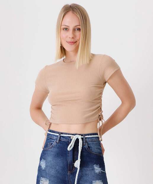 Blusa Feminina Canelada Drapeada Manga Curta Marisa