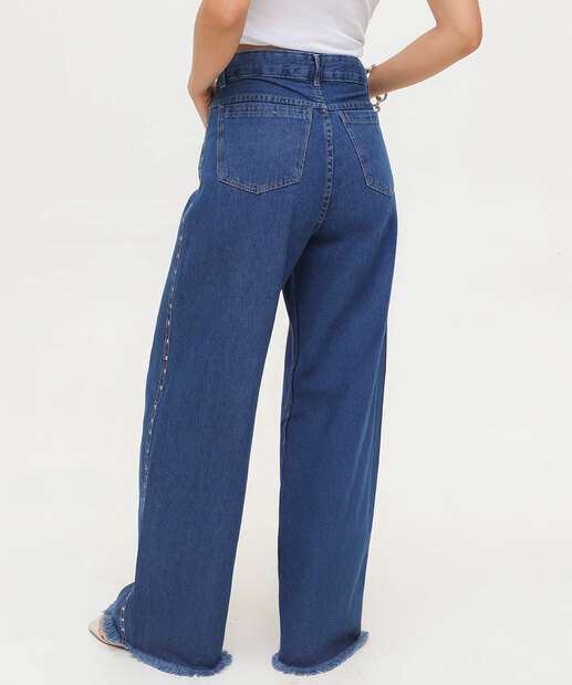 Calça Jeans Wide Leg Feminina Tachas Marisa