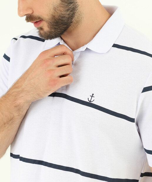 Polo Masculina Piquet Listrada Manga Curta MR Branco