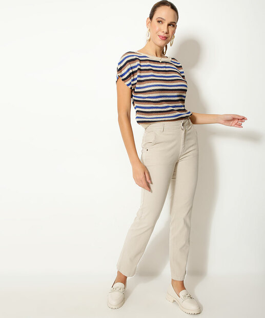 Blusa Feminina Tricô Listrada Manga Curta Marisa