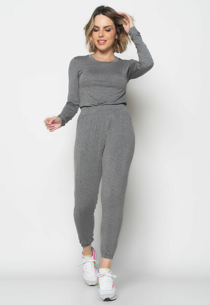 Conjunto  Comfy Com Blusa Manga Longa e Jogger Recorte Malha Grafite