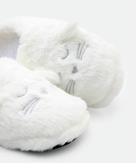 Pantufa Feminina Bordado Gato Orelhas Marisa Branco