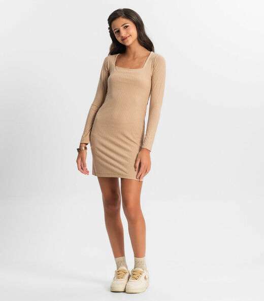 Vestido Juvenil Manga Longa Em Ribana Minty Marrom