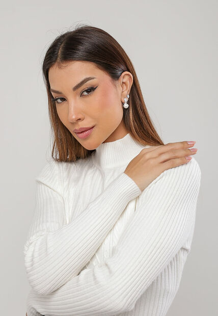 Blusa de Tricot Modal com Gola Alta e Manga Canelada Branco Salvatore