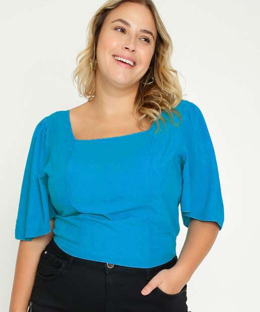 Blusa Plus Size Feminina Lastex Manga Curta 