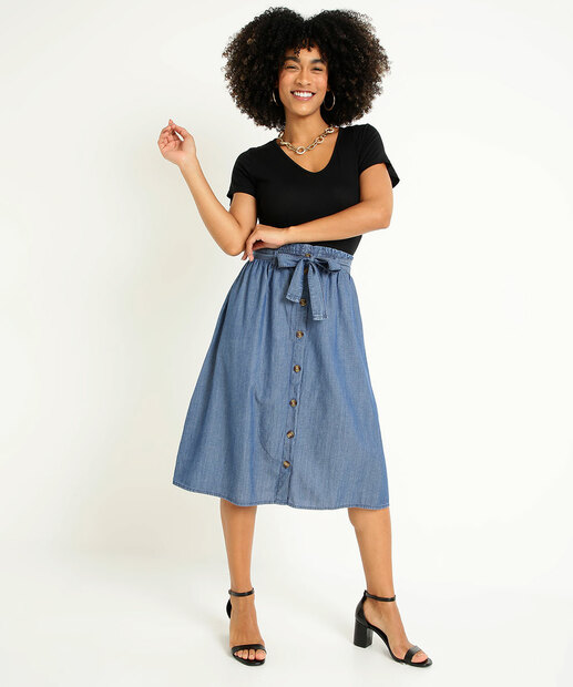 Saia Midi Feminina Jeans Botões Amarração Marisa