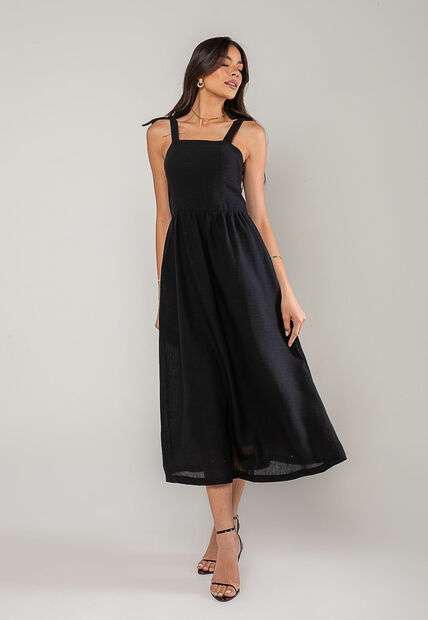 Vestido Alfaiataria Midi Com Alças Largas e Amarração Preto Salvatore