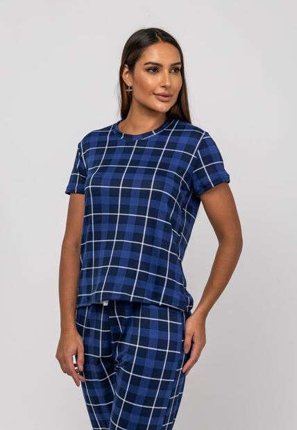 Pijama Calça e Blusa M/C Malha Xadrez Azul Salvatore Fashion