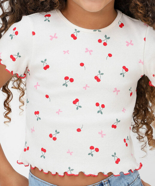 Blusa Infantil Canelada Cerejas Marisa Tam 4 a 10 Off White