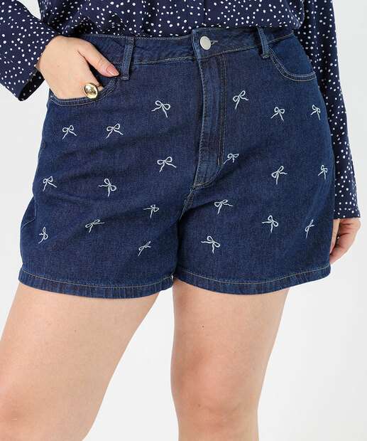 Short Plus Size Feminino Jeans Bordado Laços Azul