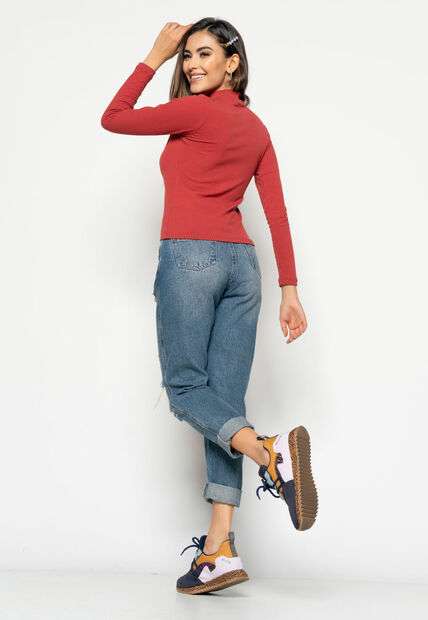 Kit 3 Blusas  Gola Alta Manga Longa Malha Canelada Preta, Branca e Terracota