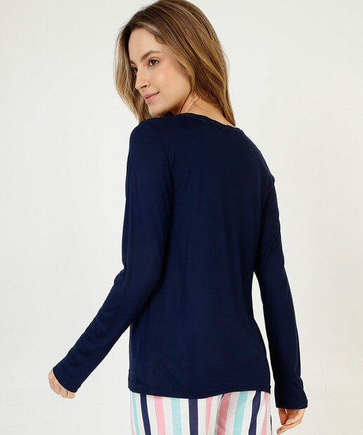 Pijama Feminino Listrado Stitch Manga Longa Disney