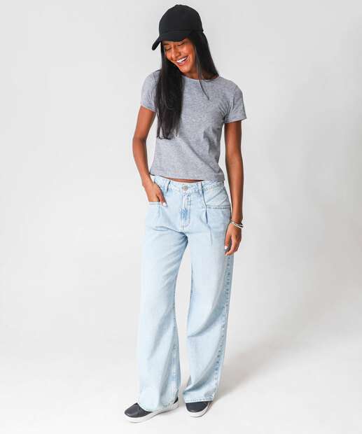 Blusa Feminina Canelada Mecla Manga Curta Marisa Cinza