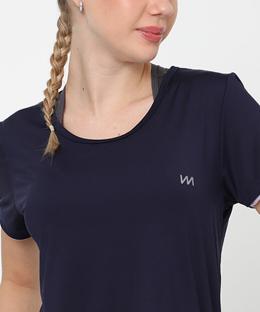 Blusa Feminina Fitness Recorte Manga Curta Marisa Azul
