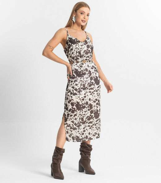 Vestido Feminino Midi De Alça Animal Print Veshine Marrom