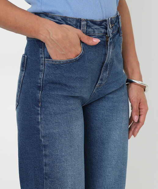 Calça Jeans Barrel Feminina Bolsos Sawary Azul