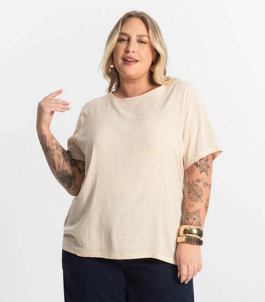Blusa Manga Curta Plus Size Secret Glam Bege