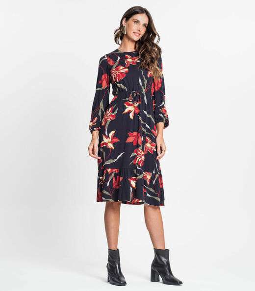 Vestido Feminino Manga Longa Floral Rovitex Preto