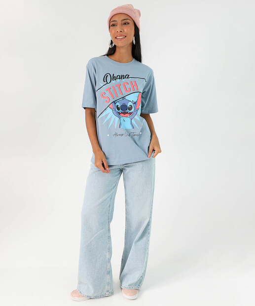 Camiseta Feminina Oversized Stitch Manga Curta Disney Azul