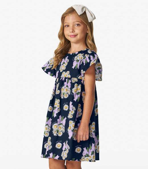Vestido em Popeline Estampado Trick Nick Azul Marinho