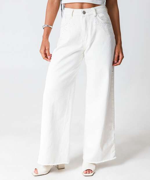 Calça Sarja Wide Leg Feminina Strass Off White