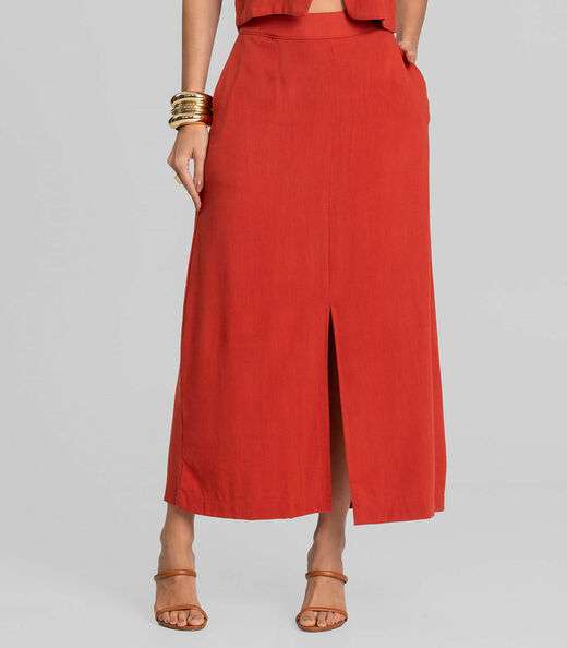 Saia Midi Em Tecido Linho Dianna Laranja