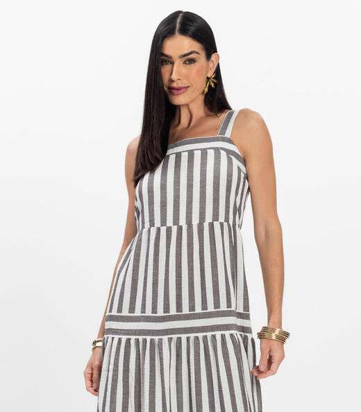 Vestido Midi Feminino Listrado De Alça Aishty Preto
