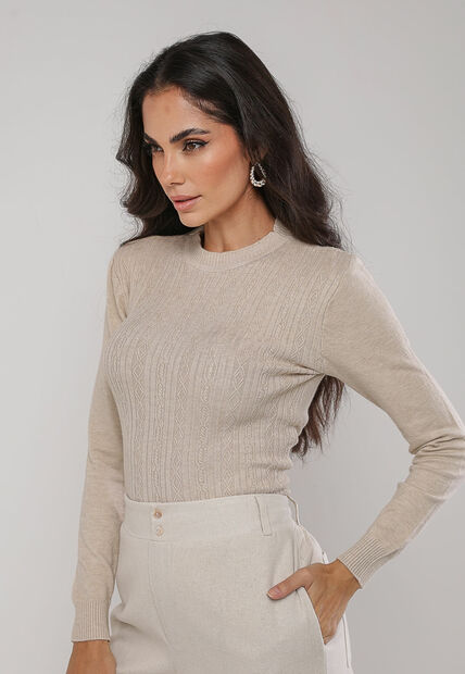 Blusa de Tricot Com Tramas Texturizada Bege Claro Salvatore