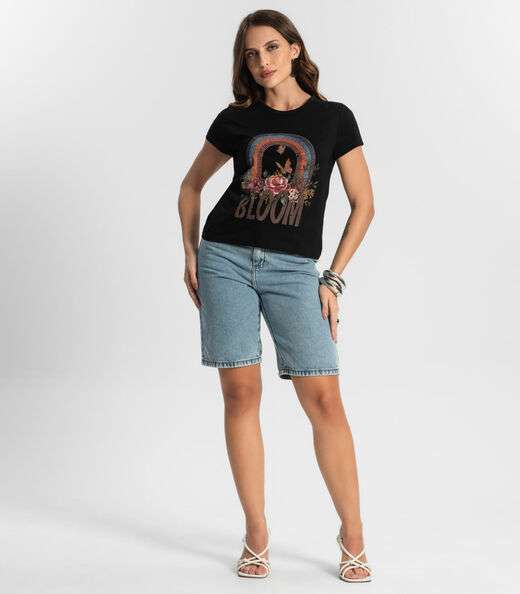 Blusa Baby Look Feminina Estampada Select Preto