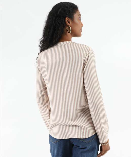 Camisa Feminina Listrada Manga Longa Marisa Bege