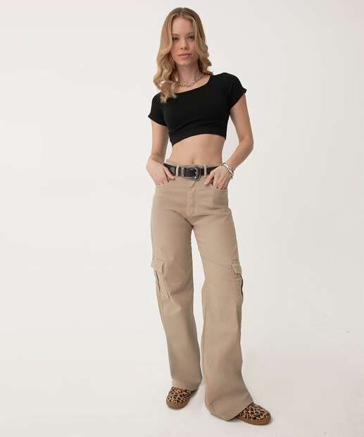 Calça Sarja Wide Leg Feminina Cargo Biotipo