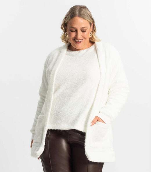 Cardigan Feminino Plus Size Em Tricot Secret Glam Bege